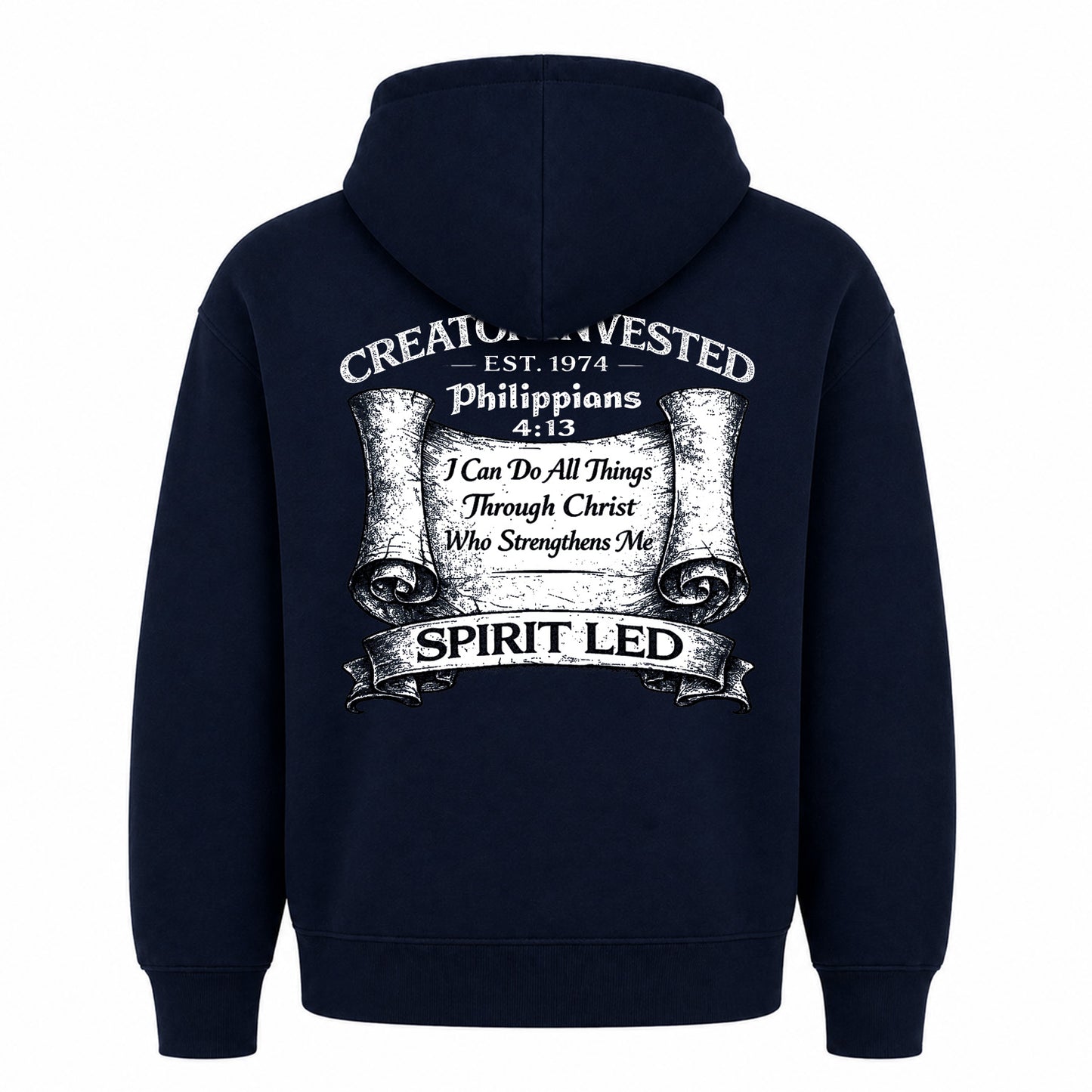 Navy Hoodie Back - Philippians 4:13 Scroll