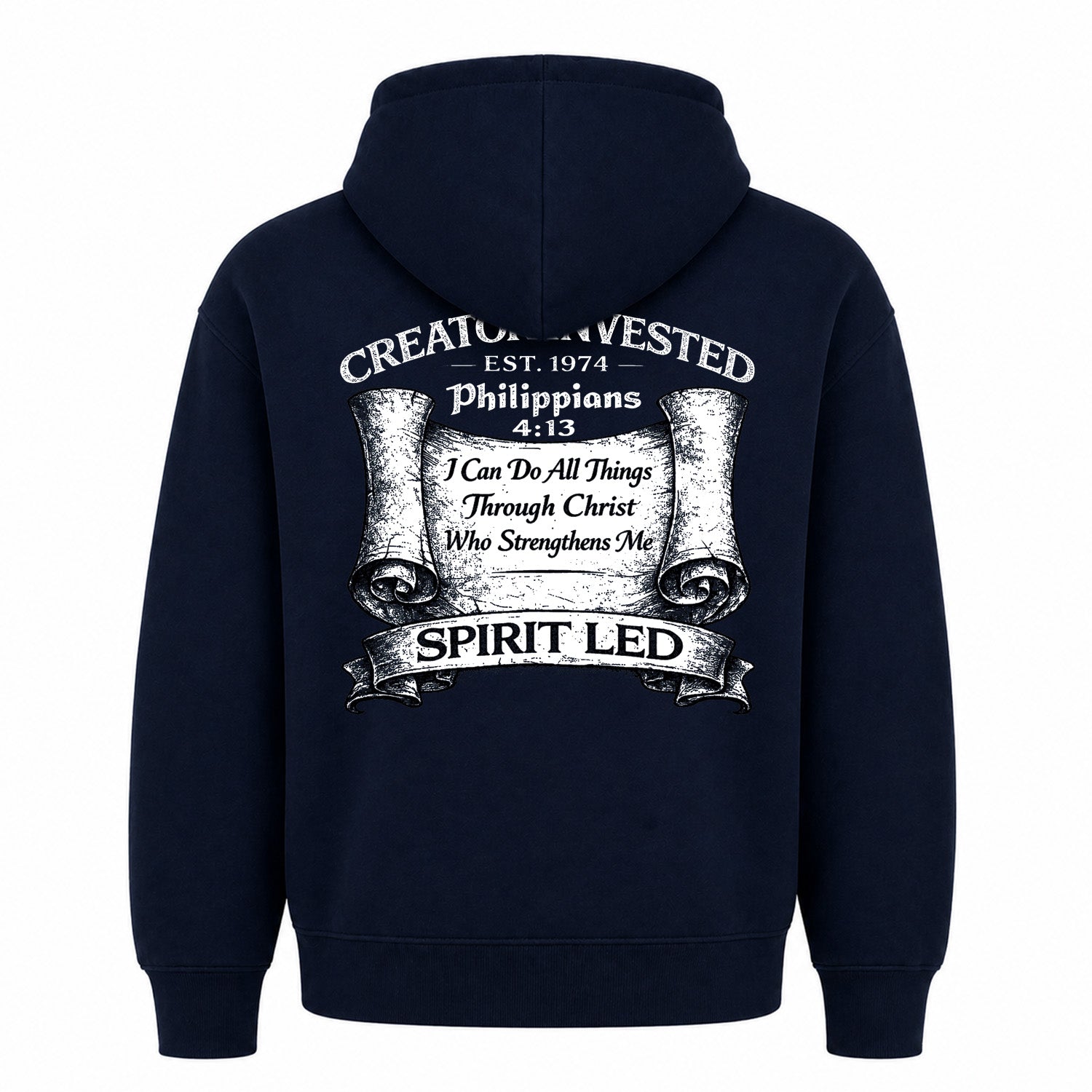 Navy Hoodie Back - Philippians 4:13 Scroll