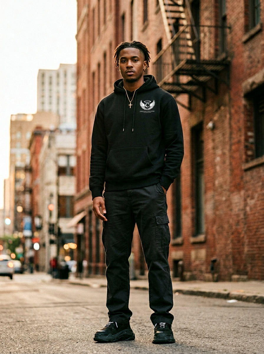 Model wearing Creator Invested Scroll Hoodie