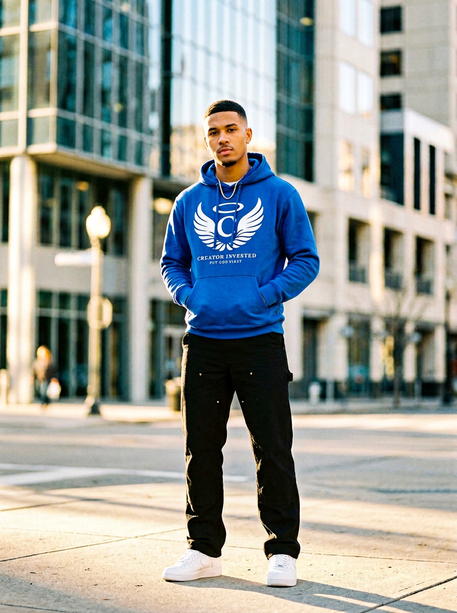Model wearing Creator Invested Signature Logo Hoodie